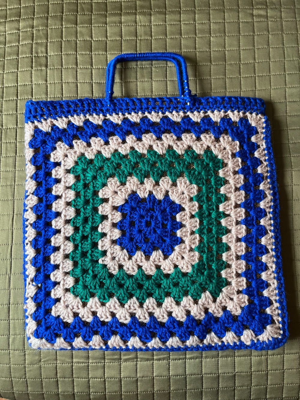 Vintage 70s Handmade Crochet Granny Square Tote Bag Royal Blue Green Cream